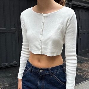 Brandy Melville Cream Long Sleeve Button Down Crop Top